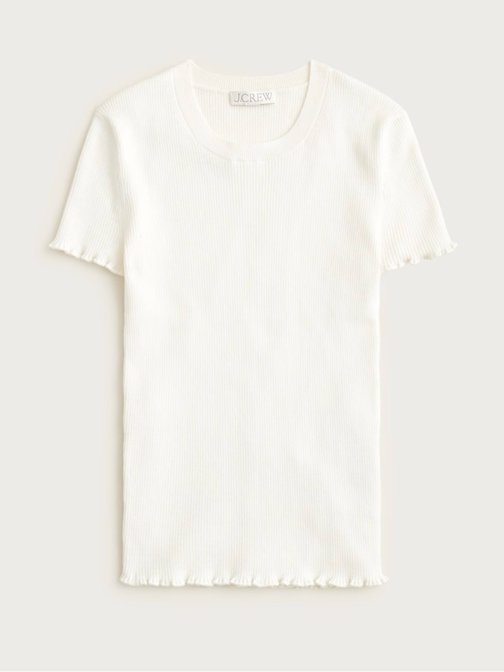 J. Crew Cream Ruffle-trim Ribbed Short Sleeve Tee in Tencil lycrell blend